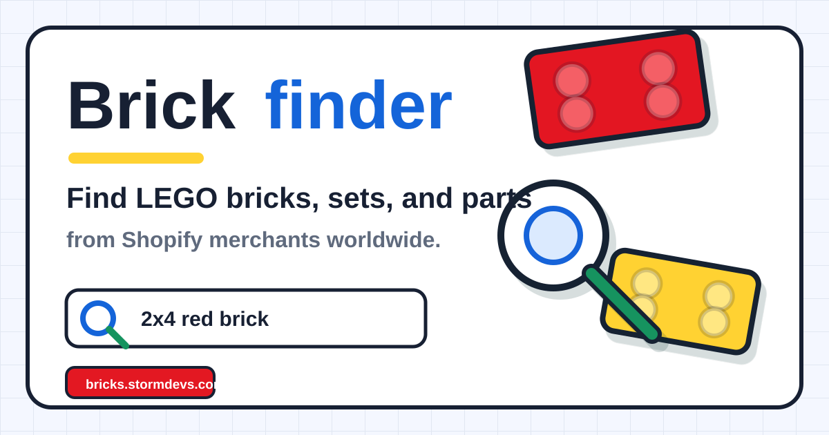 Brickfinder illustration showing LEGO brick search across Shopify merchants