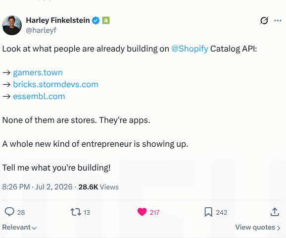 Harley Finkelstein post featuring bricks.stormdevs.com as a Shopify Catalog API project