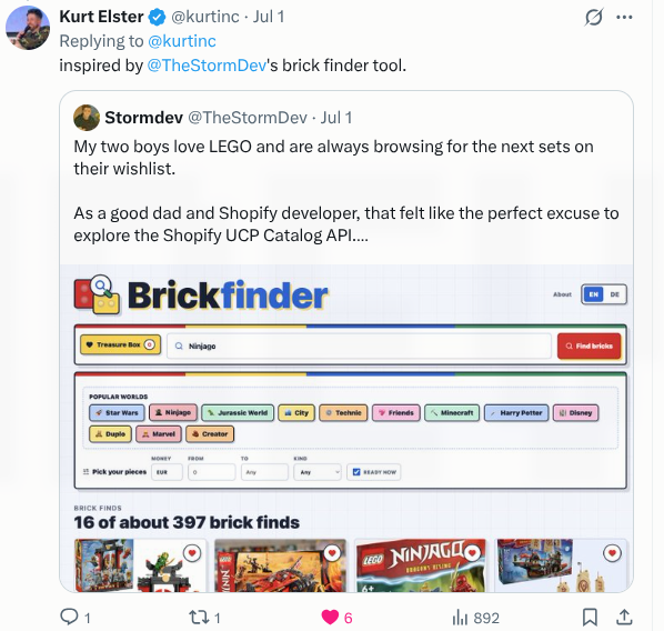 Kurt Elster response saying Brickfinder inspired a catalog tool