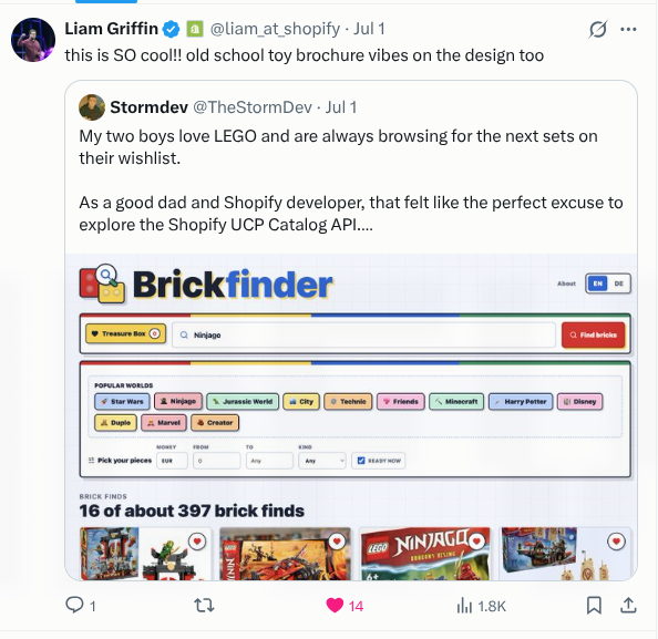 Liam Griffin response praising Brickfinder's concept and design