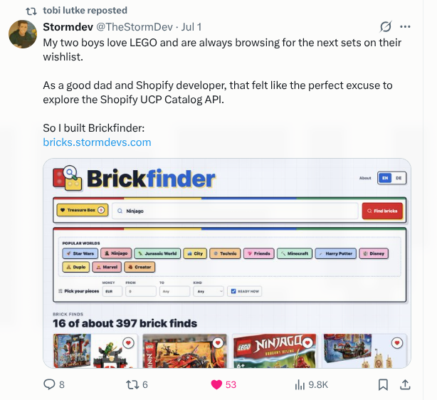 Tobi Lütke repost of the Brickfinder launch announcement