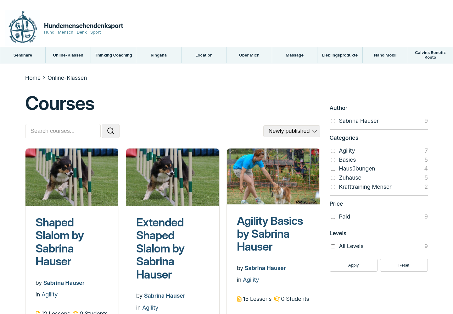 Hundemenschendenksport online class catalogue with dog training courses